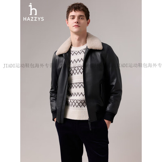 HAZZYS 2025 Autumn New Men's Removable Fur Collar Filled Leather Top Official Authentic Black M 170/92A 46