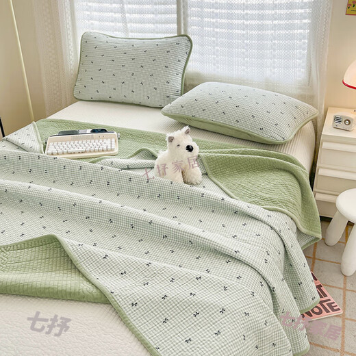 Xushansi's new one side pure cotton one side velvet bed cover double-sided winter tatami baby velvet sheets plus velvet milk velvet four seasons small green grid-green 150cm*200cm bed cover single piece