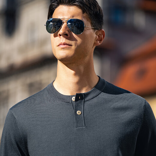 Mr. Bu Henry Collar Thin Wool T-Shirt Spring and Autumn Long Sleeve Wool Sweater Men's Extreme Night Gray 2XL (185)
