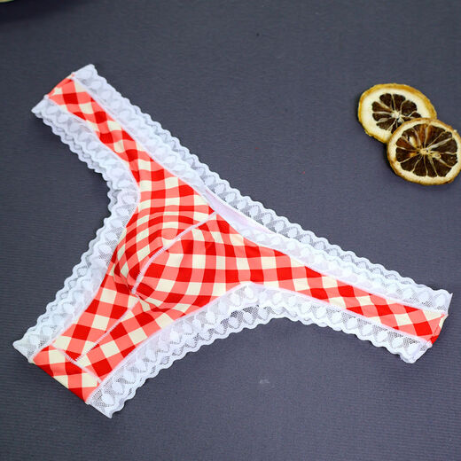 Men's Thong Low Rise Sexy Lace Half Cover Hips U Bumper Pockets Breathable and Comfortable Seamless Panties Red S