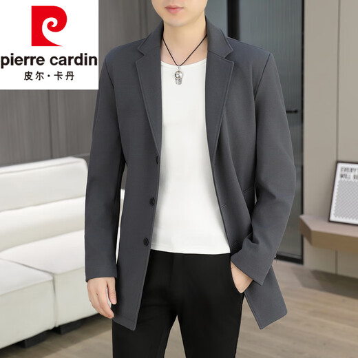皮尔卡丹（pierre cardin）春秋季中长款风衣男士潮牌感韩版修身纯色西装外套男休闲西服针织 灰色 L 110-125斤
