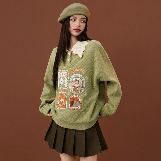 B.Duck小黄鸭加绒卫衣女2025冬季新款撞色针织翻领数码印宽松外套 果绿 XS