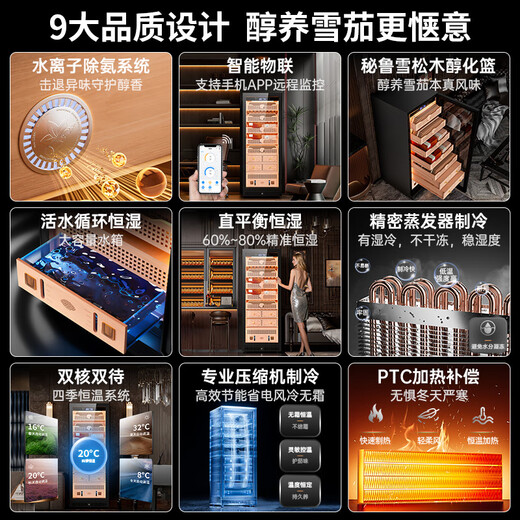 Kelong 608C cigar cabinet, constant temperature and humidity, water ion ammonia removal, smart WiFi, IoT control, air-cooled cedar wood liner shelf, alcohol feeding, water circulation compressor, refrigeration cigar cabinet, Obsidian Black 2 sober cigar cabinet + cedar wood liner shelf + purified ammonia + WiFi