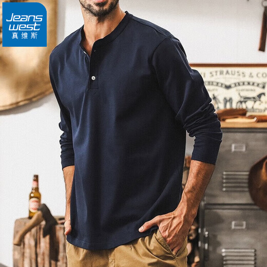 Jeanswest American retro 300g heavyweight long-sleeved T-shirt for men in autumn 2025 new trendy brand loose Henry collar Polo shirt for men, navy blue 300g heavyweight 2XL suitable for 160-180Jin Jin equals 0.5 kg