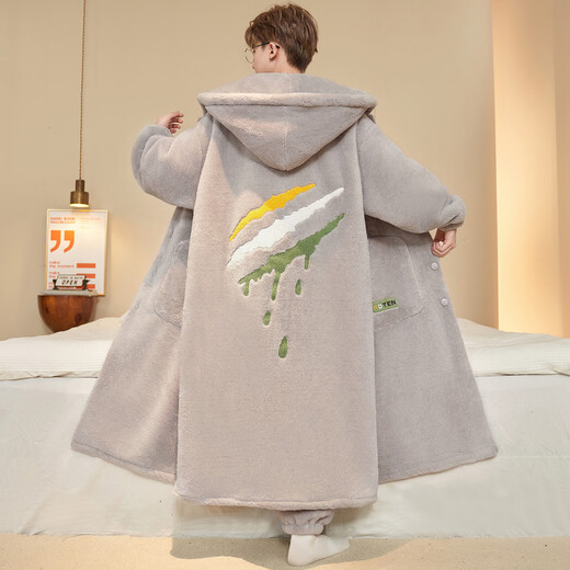 Siqiniao Autumn and Winter Coral Velvet Pajamas Men's Pajamas Large Size Loose Long Bathrobe Men's Winter Flannel Home Clothes Youth 3218# Robe + Pajamas XL (Recommended 130-155 Jin Jin equals 0.5 kg / Height 170-175)