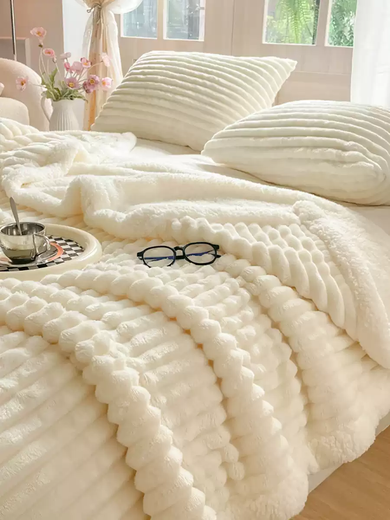 RSRDDY Home Textiles Simple Four Seasons Blanket Thickened Rabbit Velvet Lamb Velvet Blanket Warm Single Double Baby Blanket Striped-Original White 100x150cm Baby