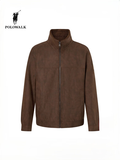 POLOWALK men's leather jacket 2025 winter new men's retro style simple stand-up collar plus velvet leather jacket brown coffee M 170/M