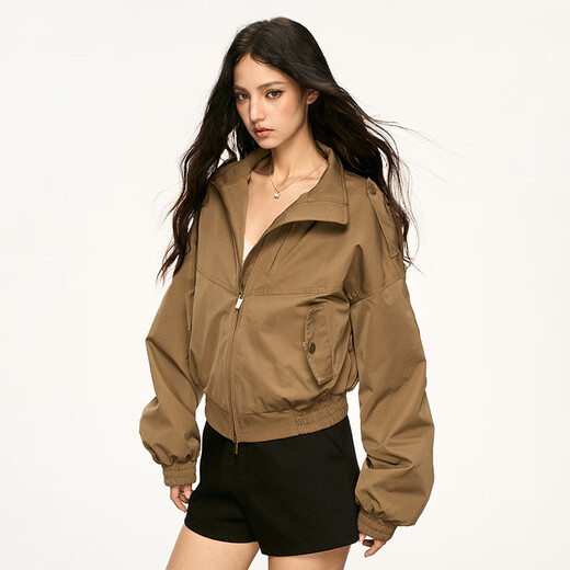 AAISUP American khaki workwear lapel jacket for women 2025 autumn high-end casual versatile stand-up collar cardigan jacket khaki S