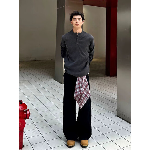 7 excellent products Henry collar long-sleeved T-shirt for men, autumn and winter American retro polo bottoming shirt, loose casual top for men ZSFZ-38033 dark gray M