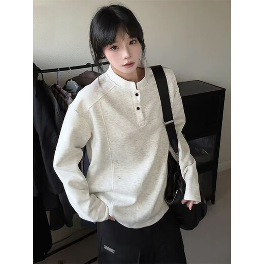 Katuchi American Henry collar long-sleeved sweatshirt for men and women in autumn and winter plus velvet thick boxy version right shoulder inner layering clothes base shirt white gray XL