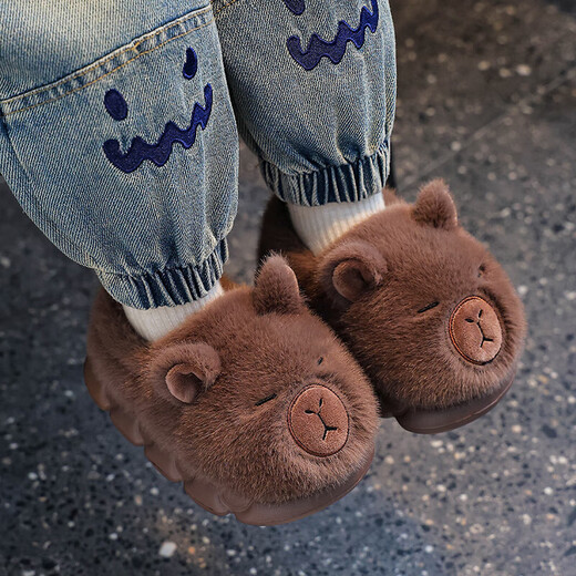 Kapibara winter children's bag with cotton shoes to keep warm at home. Furry EVA bottom non-slip cotton slippers for small and medium-sized children. Upgraded environmentally friendly material light brown color 12 38/39 size (suitable for 37/38 feet)