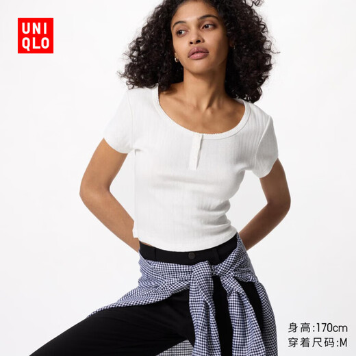 Uniqlo Women's Jacquard Ribbed Henley Neck T-Shirt/Short Sleeve Hot Girl Style 474412 01 Milky White M/160/84A