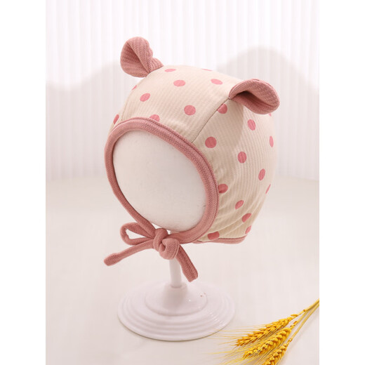 婴儿帽子春秋季可爱超萌婴幼儿护卤门秋冬天新生儿男女宝宝护耳帽 卡其色_圆点耳朵系带胎帽 170 0-8个月_防风绳_34-44CM_可调节