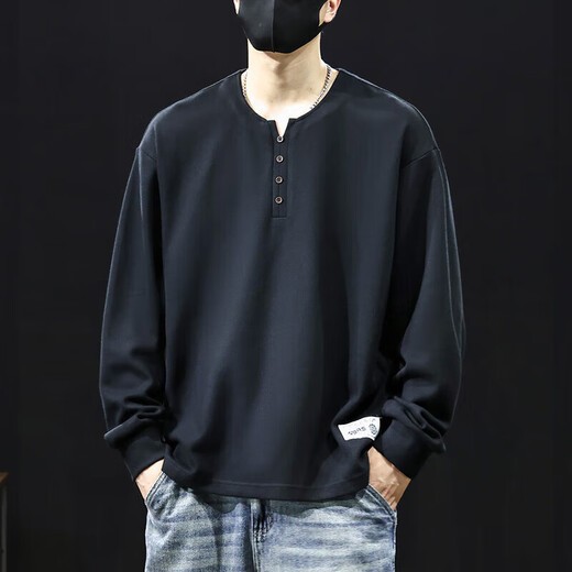 Dragon Tooth 320g Heavy Cotton Bottoming Shirt Men's 2025 Autumn New Henley Collar Sweatshirt Men's Long Sleeve Top T-Shirt BN201 Black M 90-110Jin Jin is equal to 0.5 kg