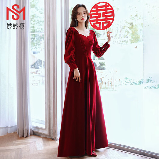 Miaomiaoxi long-sleeved toast dress bride 2025 new autumn and winter engagement home dress can be worn at ordinary times temperament burgundy for women red L
