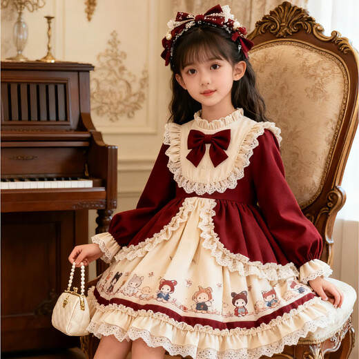 Kafanli (KafanIi) Girls Lolita Princess Dress 25 New Children's Birthday Dress Western Style Baby Girl Dress Autumn and Winter Burgundy 265 Velvet No Accessories 150 cm