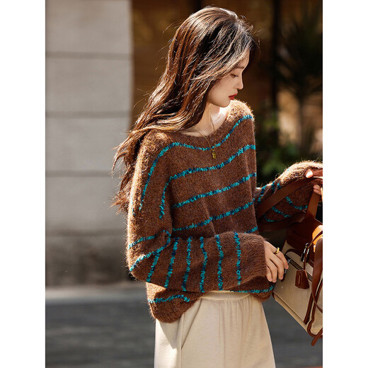 Awakening Paradise Winter Fashion Lazy Style Retro Brushed Temperament Round Neck Striped Sweater Pullover Knitwear Brown One Size