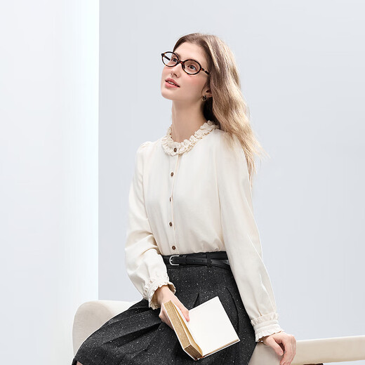 Betu women's 2025 winter new shirt ruffle collar contrasting buttons sweet age-reducing commuting top 2511T60 light apricot M