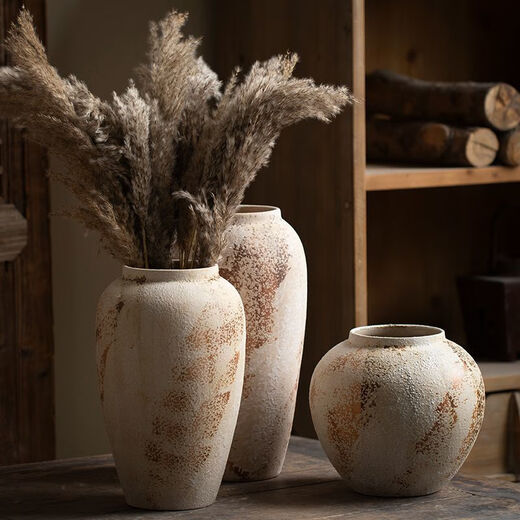 OYKTN Jingdezhen new Chinese style wabi-sabi style countertop ceramic vase mottled old rough clay pot entrance TV cabinet ornaments Canglan large size