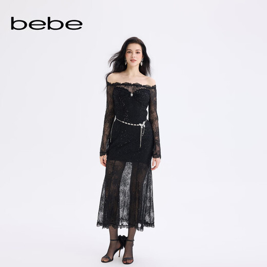 Bebe2025 new autumn and winter women's temperament bell sleeve one-shoulder lace fishtail dress 451004 black S