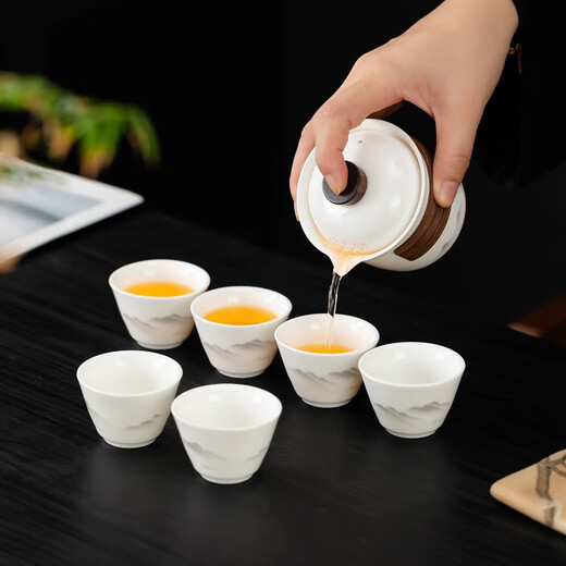 PINYU travel tea set portable one pot three cups outdoor high-end ceramic cup car tea tray mutton fat jade porcelain tea cup