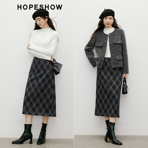 Red sleeve (hopeshow) contrasting plaid skirt 2025 winter new women's retro style versatile slimming and mature straight skirt Navy blue plaid 915 M