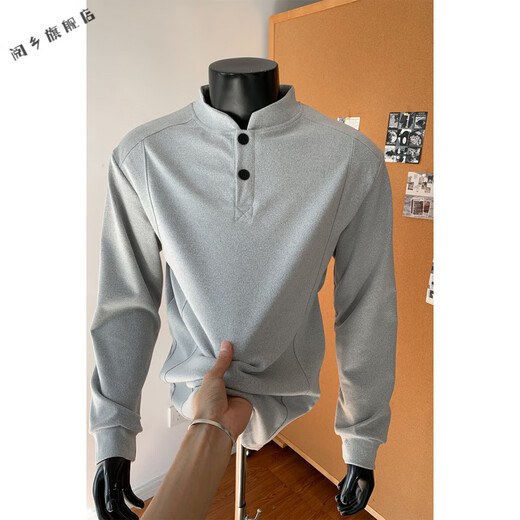 Yuexiang American Polo Henley sweatshirt men's autumn and winter trendy cleanfit pullover with German velvet bottoming shirt top hemp gray M