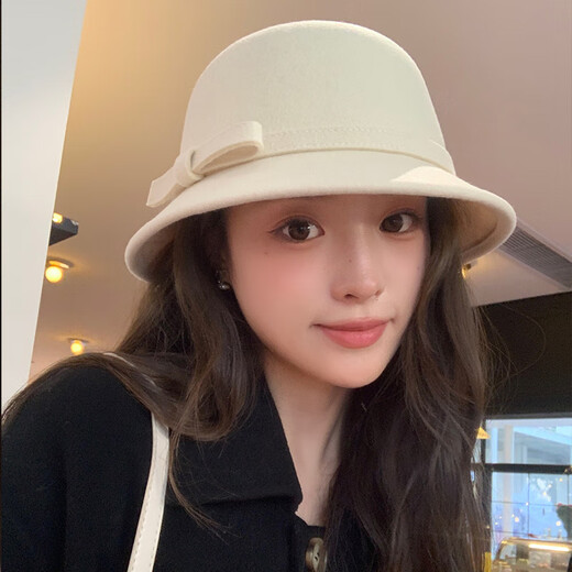Muni woolen fisherman hat for women in autumn and winter, wealthy daughter's hat, Hepburn style retro small fragrance style French top hat, Hepburn style bow hat, off-white