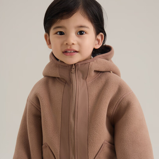 Papa crawling autumn and winter new polar fleece double-sided jacket hooded boys and girls versatile for going out brown 130