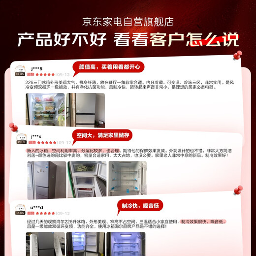 海尔（Haier）226升三门多温区风冷无霜黑金净化节能省电一级双变频租房节能家用小冰箱BCD-226WGHC3E9XM