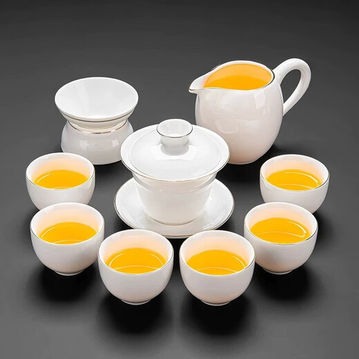 Cute press mutton fat jade white porcelain tea set