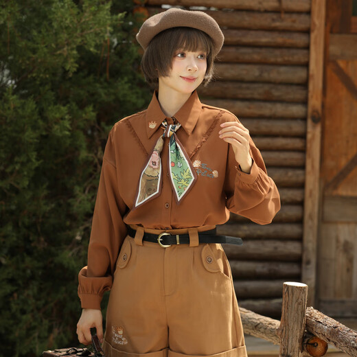 Mori Girl Tribe Autumn and Winter Loose Long Sleeve Shirt Women 2025 New Retro Embroidery Design Versatile Commuting Top Brown Shirt S Model Code