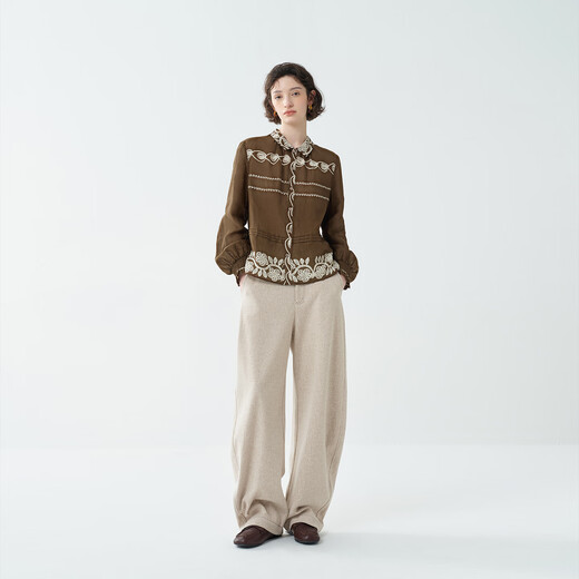 EIN PURE Makino flower shadow ramie print with fungus edge lantern sleeve shirt 2025 early autumn new style red S