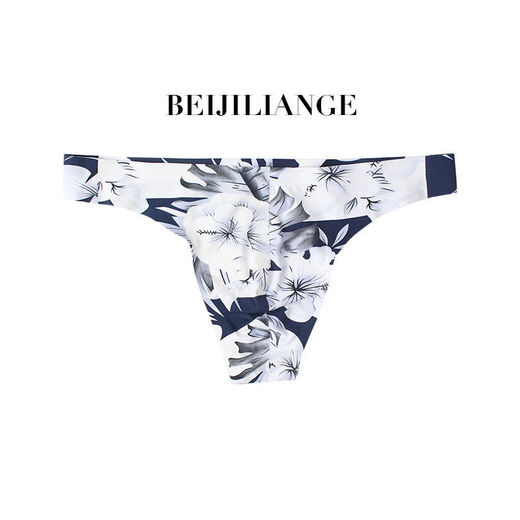 Men's sexy underwear thong single thong low-waist fashion printed ice silk seamless fit U convex design men's T-pants Music M