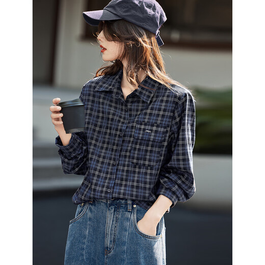 Awakening Paradise autumn retro temperament versatile layering soft plaid long-sleeved shirt navy plaid M
