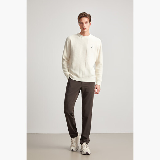 HECHTER 100% wool men's round neck wool sweater solid color skin-friendly, comfortable, warm and versatile sweater for men off-white - hot selling color M