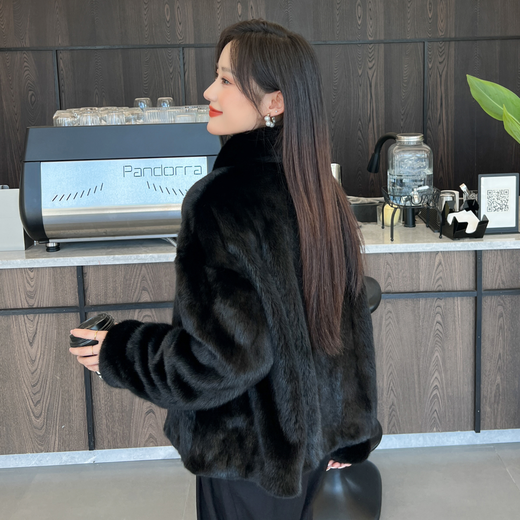 Muqiantang Mink Fur Coat Women's Full Mink Coat Women's Short Velvet Mink Stand Collar Top Fur Women Black Stand Collar One Size Recommended Weight (80-135)