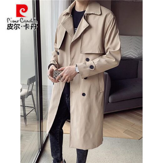 Pierre Cardin (pierre cardin) military trench coat men's mid-length spring and autumn style 2026 new British handsome slim double-breasted coat jacket men's black M recommended 90Jin Jin is equal to within 0.5 kg