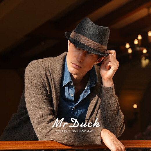 Mr DUCK winter woolen woolen hat middle-aged and elderly dad and grandpa retro jazz hat thickened and warm high-end British gentleman hat striped dark gray (handmade hat)-MW16092 M (suitable for 56-58cm head circumference)