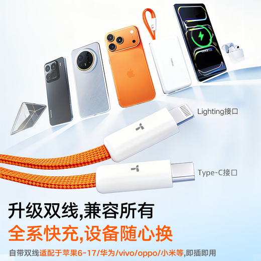 Tulas power bank 3c certified, hot selling 200W丨ultra-thin comes with wires, dual-wire top with Apple iPhone 17 fast charging, suitable for Huawei large-capacity aircraft mobile power supply, comes with dual wires, gray Lighting+TypeC 3C/5A dual certification丨top with thinner and faster丨10000 mAh