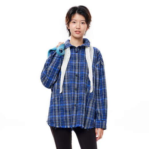 MOVEUP 2025 winter new style.FUN series lapel plaid printed loose edge retro short shirt for women coffee plaid L