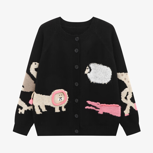 Basic House Basic House/Baijiahao sheep wool knitted cardigan for women autumn fun animal jacquard loose sweater jacket black M