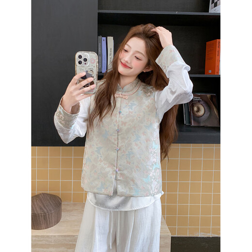 La Chapelle New Chinese Style Jacquard Vest Set Women's 2025 Autumn Butterfly Print Button Shirt Two-piece Set Off-White Vest + Shirt S (105Jin Jin is equal to 0.5kg)