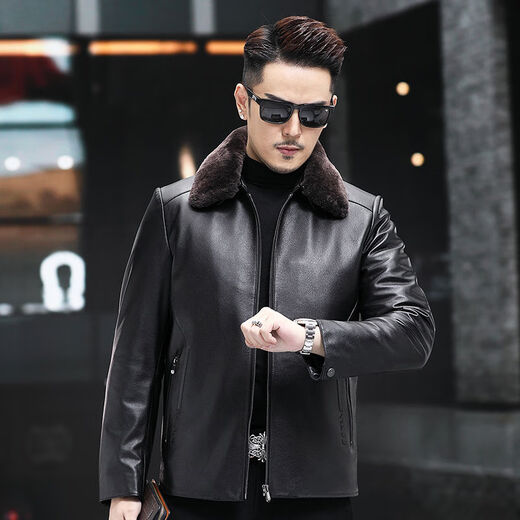 VBA头层牛皮羊毛领羊毛内胆加厚海宁真皮皮衣男皮夹克冬外套5598 黑色 M M95-105斤