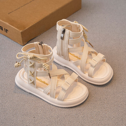 Girls Sandals 2024 Summer New Children's Shoes Little Girls Princess Shoes Soft Sole Casual Roman Shoes Fashionable Beige 35_Inner Length 21.8cm