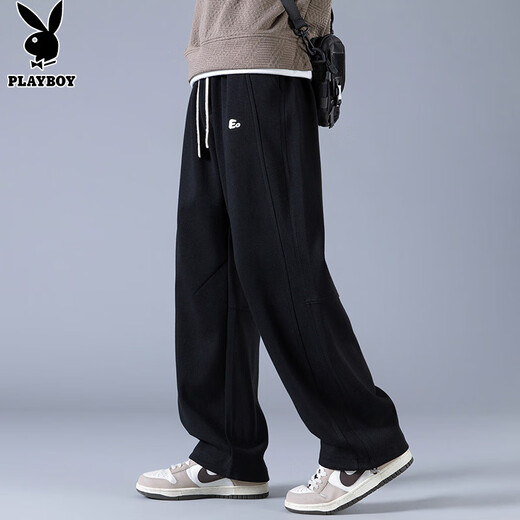 Playboy (PLAYBOY) pants men's casual pants men's autumn and winter high-end wide-leg loose straight sports scimitar sweatpants black 3XL