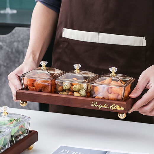 Harvest grain creative snack compartmented dry fruit plate Nordic ins glass fruit plate light luxury snack tea fruit plate internet celebrity fruit plate amber glass dish two glass dishes + two compartments bamboo tray
