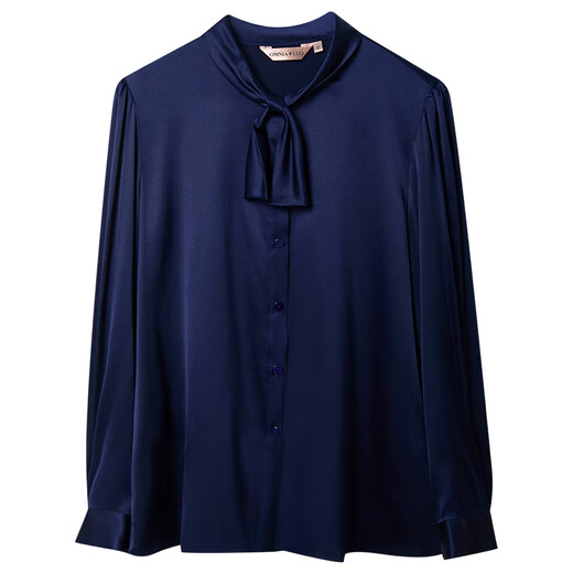 OMNIALUO shopping mall same style high-end French heavy silk top women's long-sleeved 2025 autumn OL temperament mulberry silk shirt B35 navy S