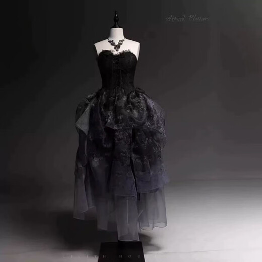 Black Apricot Tree Lolita Evening Dress lolita Graduation Fairy Host Art Examination Student Day Adult Ceremony Princess Dress Black Complete Set (Free Corsage + Ribbon) M