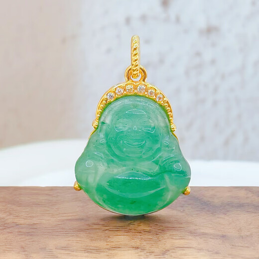 18K gold inlaid with emerald Buddha, inlaid with diamond leaf pendant, jade inlaid pendant, birthday gift for girlfriend and mother, green leaves